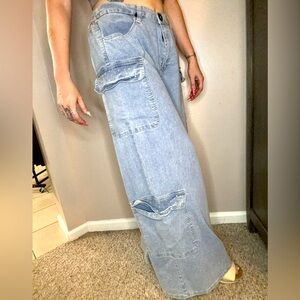 Women's Light Blue Cargo Jeans with jewels